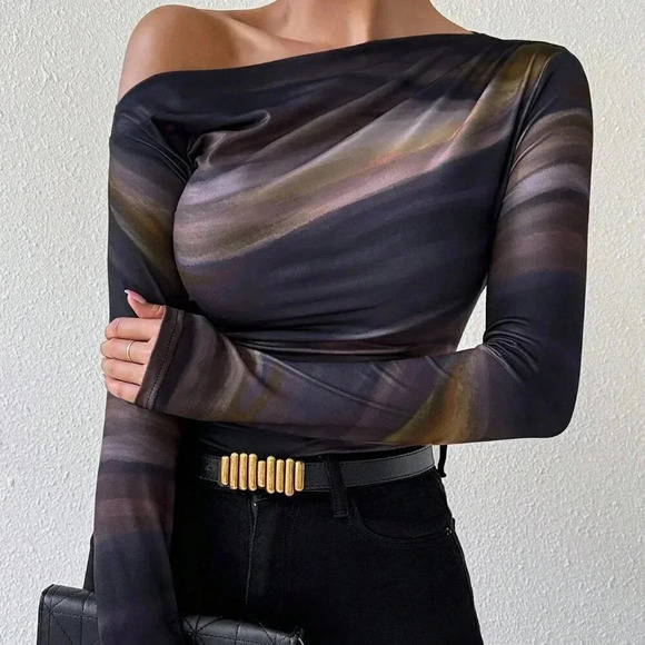 Casual Women's Marble Gradient Print Asymmetrical Neck top - Picture 6 of 6